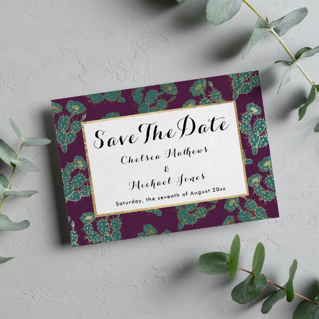 Modern forest green burgundy gold cactus floral save the date (Modern forest green burgundy gold cactus floral save the date )