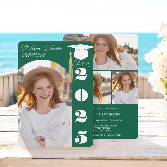 Modern forest green chic 4 photos Graduation Invitation (Modern forest green chic 4 photos Graduation Invitation)