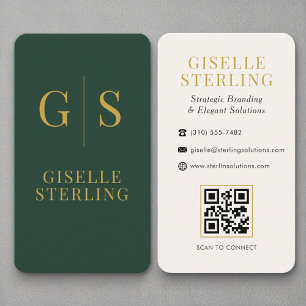Modern Forest Green Gold Monogram QR Code Business Card