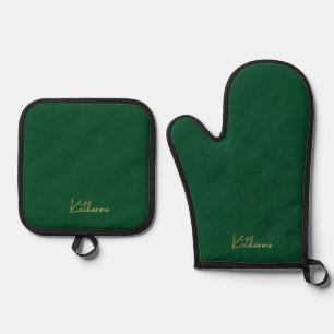 Modern Forest Green & Gold Script Name Oven Mitt & Pot Holder Set
