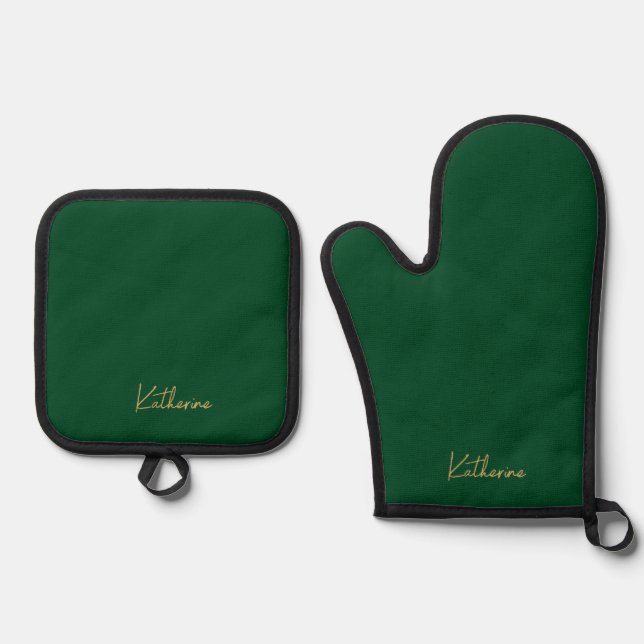 Modern Forest Green & Gold Script Name Oven Mitt & Pot Holder Set (Front)