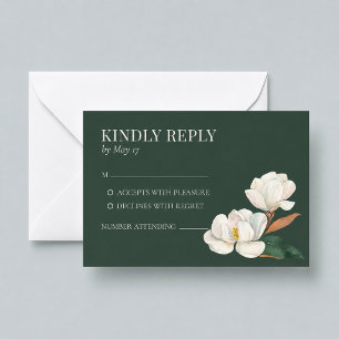 Modern Forest Green Magnolia Wedding RSVP Card