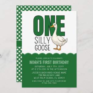 Modern Forest Green One Silly Goose 1st Birthday  Invitation