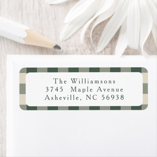 Modern Forest Green Plaid Christmas Return Address (Insitu)