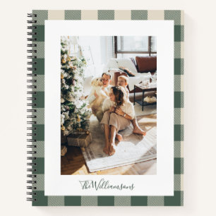 Modern Forest Green Plaid Rustic Photo Christmas Notebook