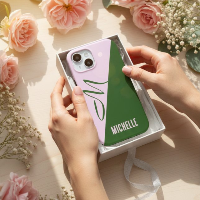 Modern Forest Green & Soft Pink Two Tone Monogram Case-Mate iPhone Case (Creator Uploaded)
