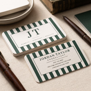 Modern Forest Green Striped Monogram Business Card