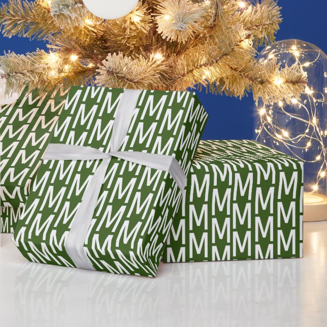 Modern forest green white custom monogram pattern wrapping paper (Holidays)
