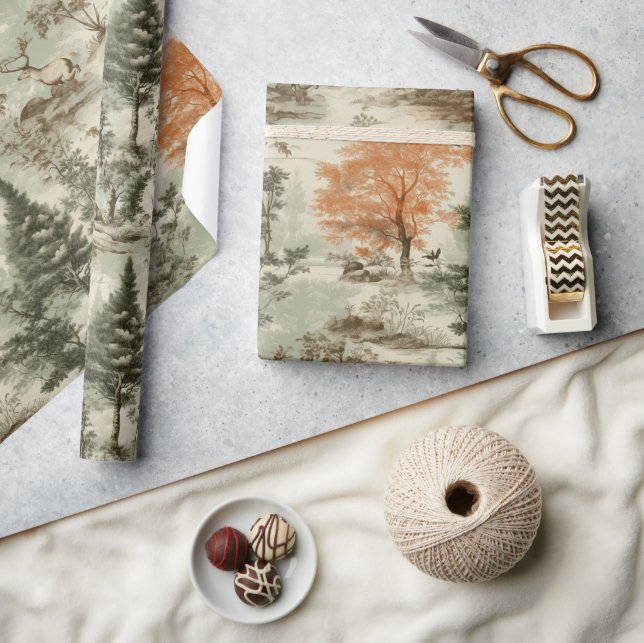 Modern Forest Hunting Green Toile de Jouy Pattern Wrapping Paper (Crafts)