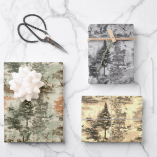 Modern Forest Hunting Green Toile de Jouy Pattern Wrapping Paper Sheet