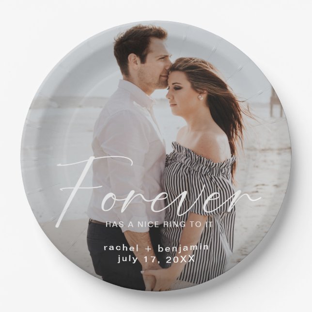 Modern Forever has a nice ring Photo Engagement  Paper Plate (Front)