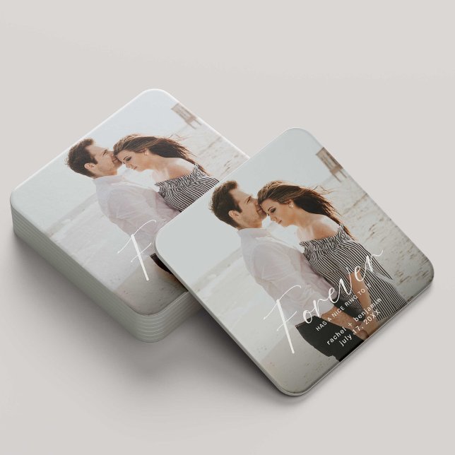 Modern Forever has a nice ring Photo Engagement  Square Paper Coaster (Creator Uploaded)