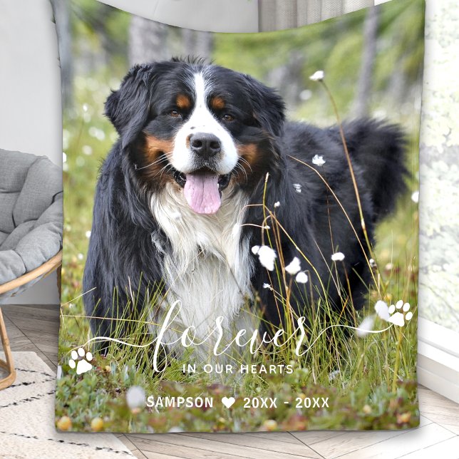 Modern Forever In Our Hearts Pet Memorial Photo Fleece Blanket (Creator Uploaded)