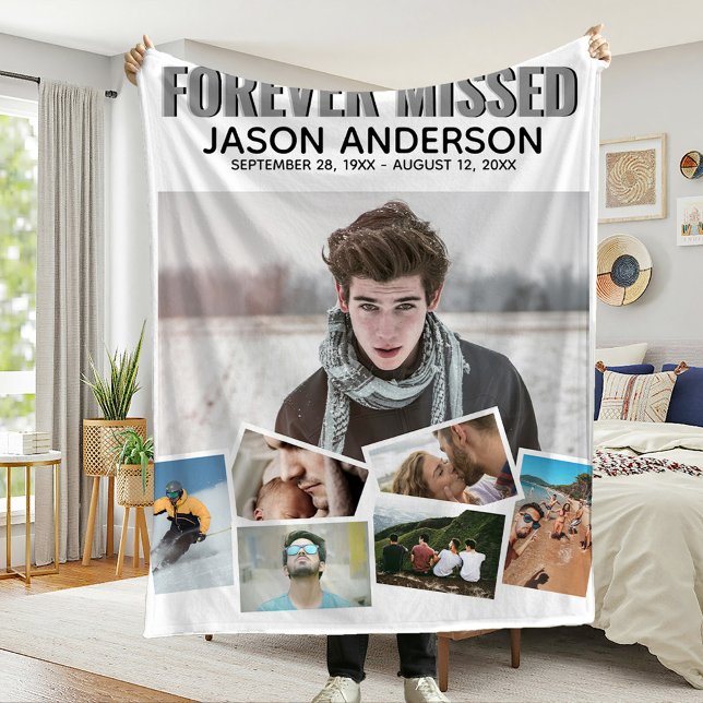 Modern Forever Missed Memorial Photo Collage Fleece Blanket (Creator Uploaded)