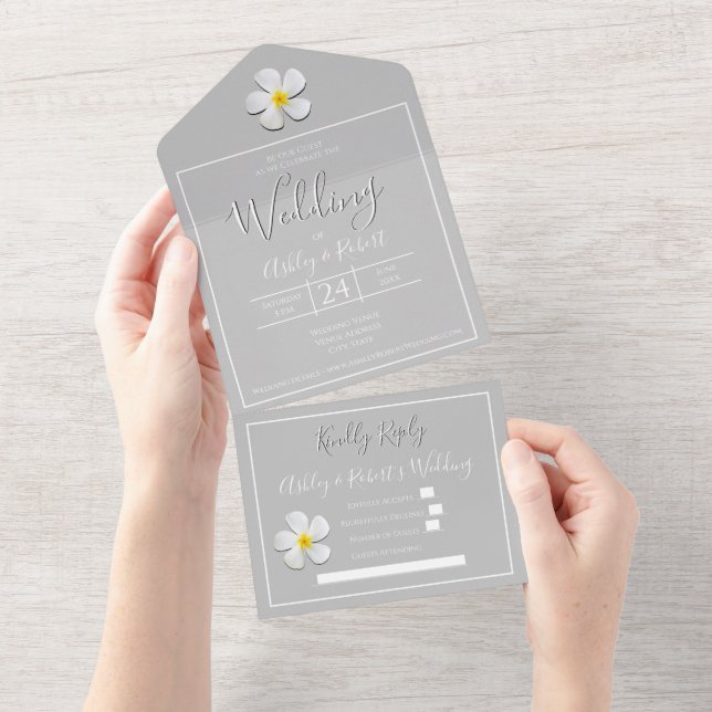 Modern Formal Classic, White on Light Grey Wedding All In One Invitation (Tearaway)