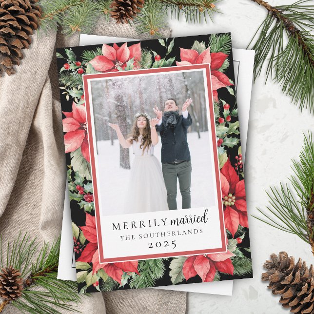 Modern Formal Floral Merrily Married Newlywed Holiday Card (elegant formal red poinsettia winter floral newlyweds merrily married holiday card with black )