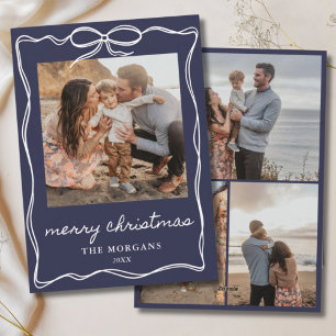 Modern Formal Navy Christmas Bow 4 Photo Family Holiday Card
