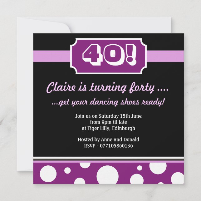 Modern Fortieth Bithday Party Personalised Invitation (Front)