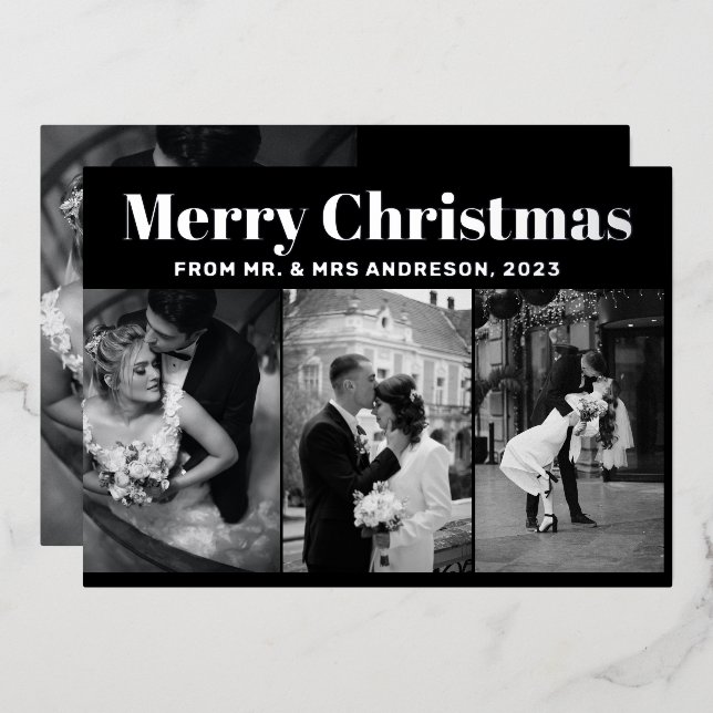 Modern Four Photo black & White Merry Christmas  (Front/Back)