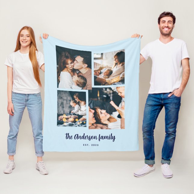 Modern Four Photo Collage | Blue Fleece Blanket (In Situ)
