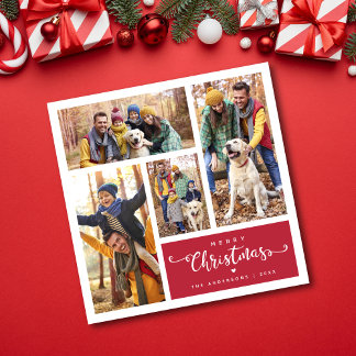  Modern Four Photo Collage Merry Christmas  Holiday Card