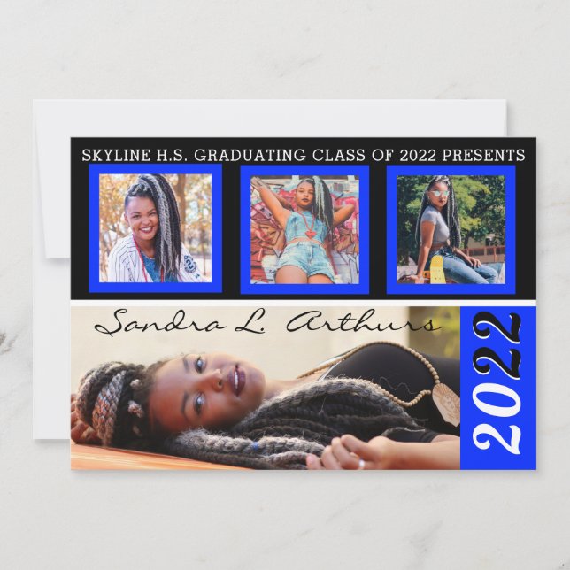 Modern Four Photo Slots Blue Graduation Announcement (Front)