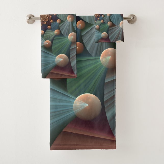 Modern Fractal Art With Depth, Brown, Slate, Blue Bath Towel Set (Insitu)