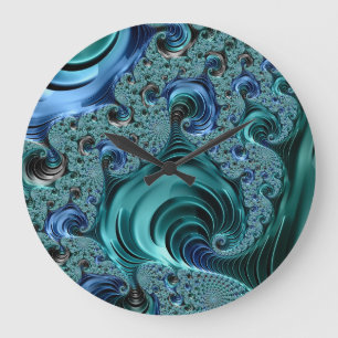Modern Fractal Blue Bright Metallic  Large Clock