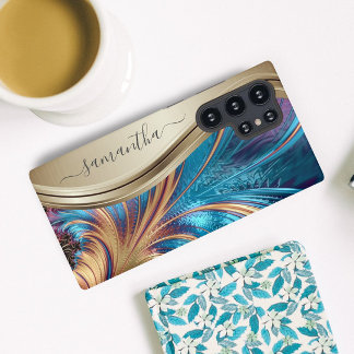 Modern Fractal Blue Gold Handwritten Name Case-Mat Samsung Galaxy Case