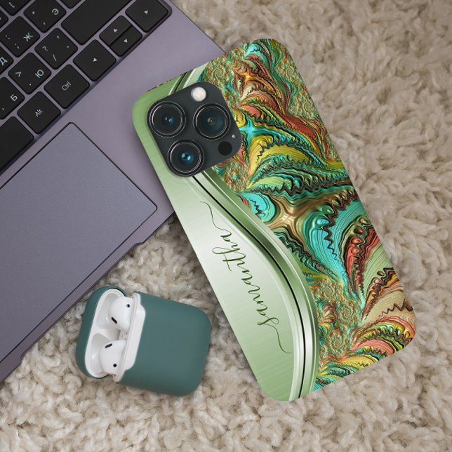 Modern Fractal Green Handwritten Name Case-Mate iPhone Case (Creator Uploaded)