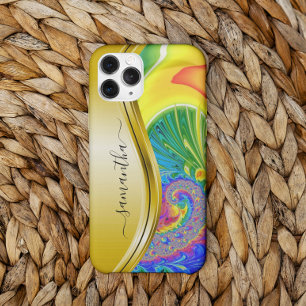 Modern Fractal Rainbow Yellow Monogram Name iPhone 12 Pro Max Case