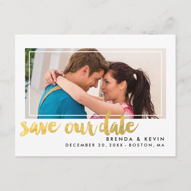 Modern Frame Gold Photo Save the Date Postcard (Front)
