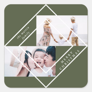 Modern Frame Green Two Photo Christmas Holiday Square Sticker