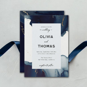 Modern Frame Navy Blue Gold Bohemian Beach Wedding Invitation