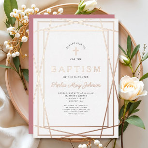 Modern Frame Pink Girl Baptism Rose Gold