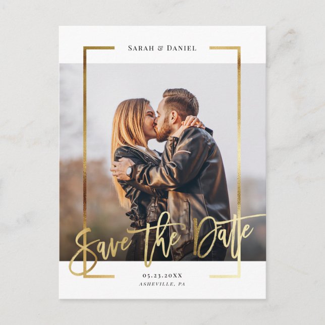 Modern Frame | Simple Gold Square Photo Save Date Announcement Postcard (Front)