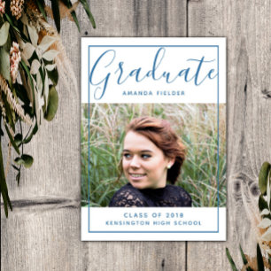 Modern Framed Graduation Photo   Blue Invitation