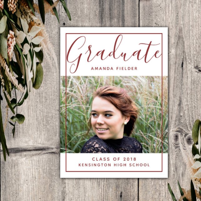 Modern Framed Graduation Photo | Burgundy Invitation (Burgundy Modern Framed Graduation Photo Announcement)