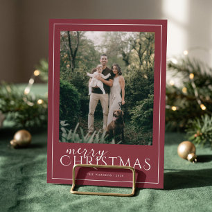 Modern Framed Merry Christmas Photo Collage - Red Holiday Card