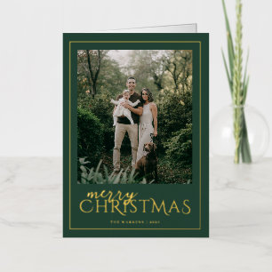 Modern Framed Merry Christmas Photo Green Foil Holiday Card