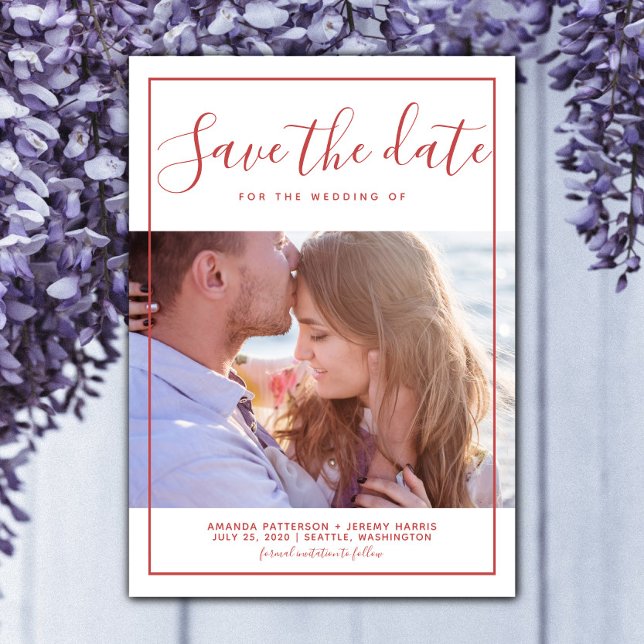Modern Framed Photo Save the Date Invite | Red (Red Modern Framed Photo Save the Date)