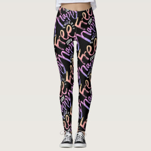 Modern Free And Happy Rainbow Typo Doodle Paint Leggings