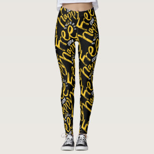 Modern Free Happy Yellow On Black Typography Paint Leggings