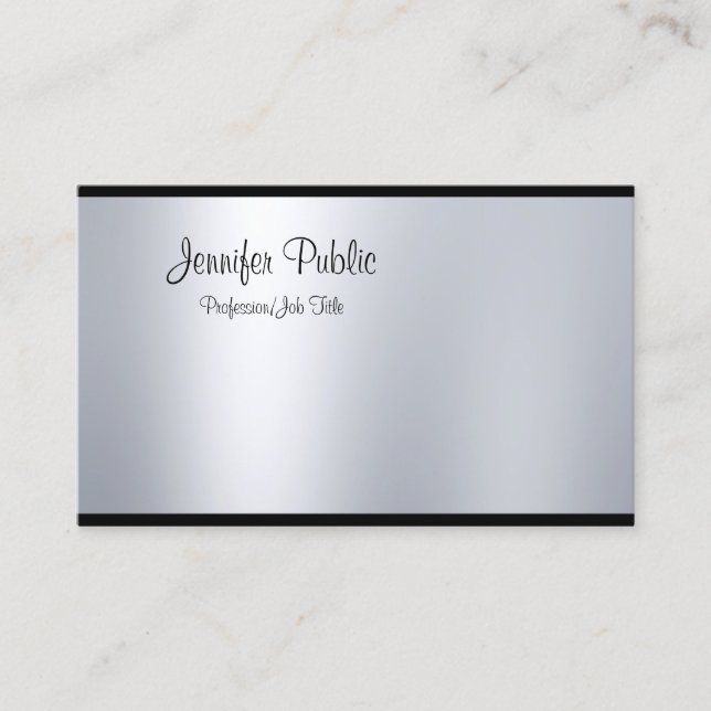 Modern Freehand Script Silver Look Sleek Glam Top Business Card (Front)