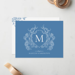 Modern French Blue Floral Crest Monogram Card