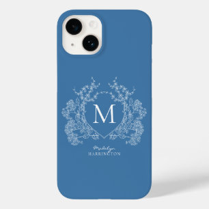 Modern French Blue Floral Crest Monogram Case-Mate iPhone 14 Case