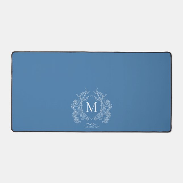 Modern French Blue Floral Crest Monogram Desk Mat (Front)