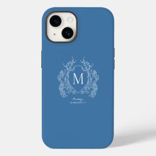 Modern French Blue Floral Crest Monogram iPhone 14 Case