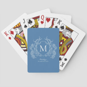 Modern French Blue Floral Crest Monogram Playing Cards