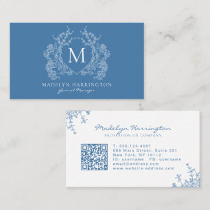Modern French Blue Floral Crest Monogram QR Code Business Card